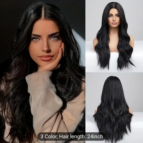 24 Inch Long Black Wig Middle Part For Women Natural Synthetic Hair - Picture 1 of 6